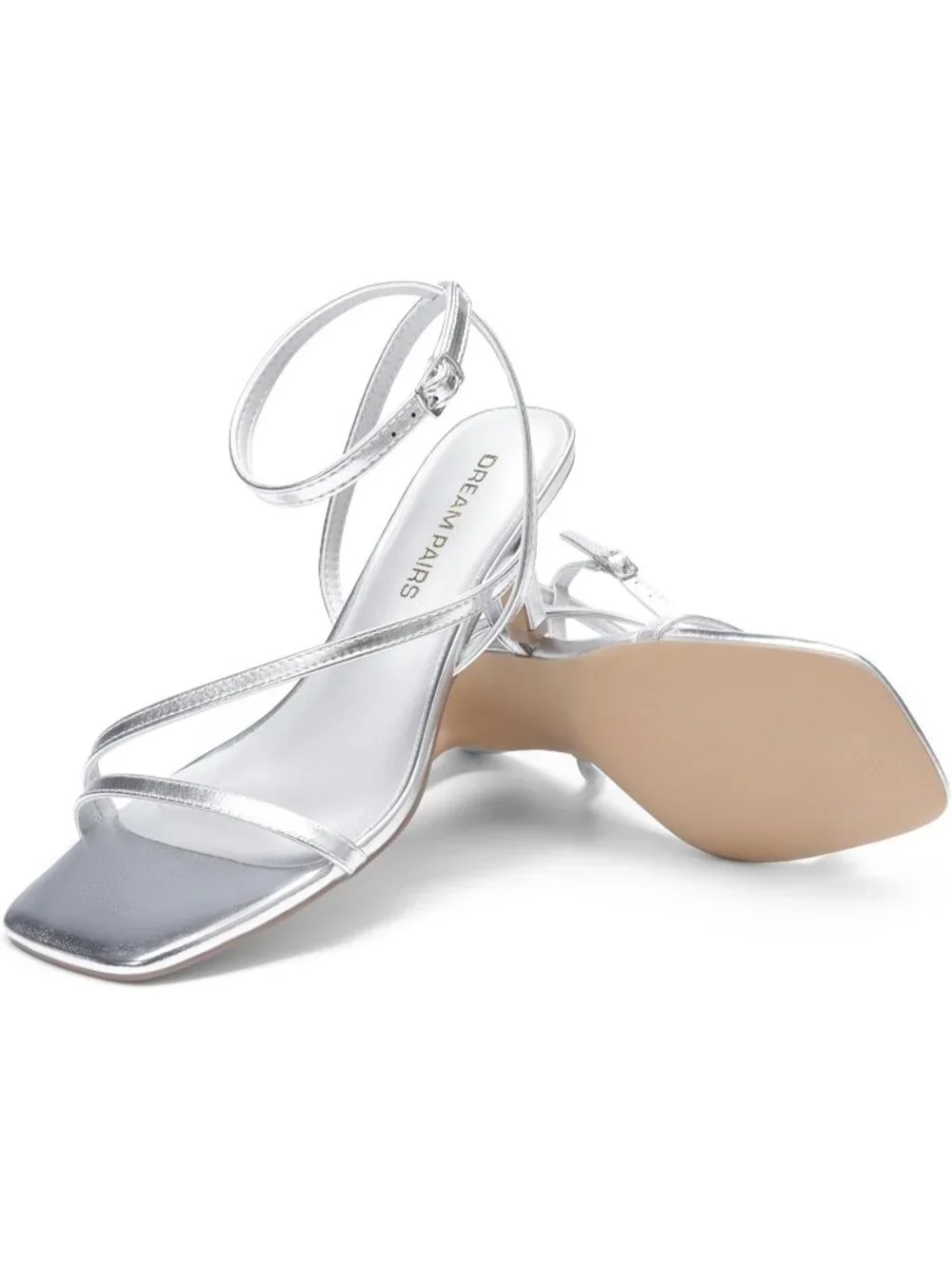 Women's Silver Faux Leather Low Kitten Heels Open Square Toe Ankle Strap Sandals